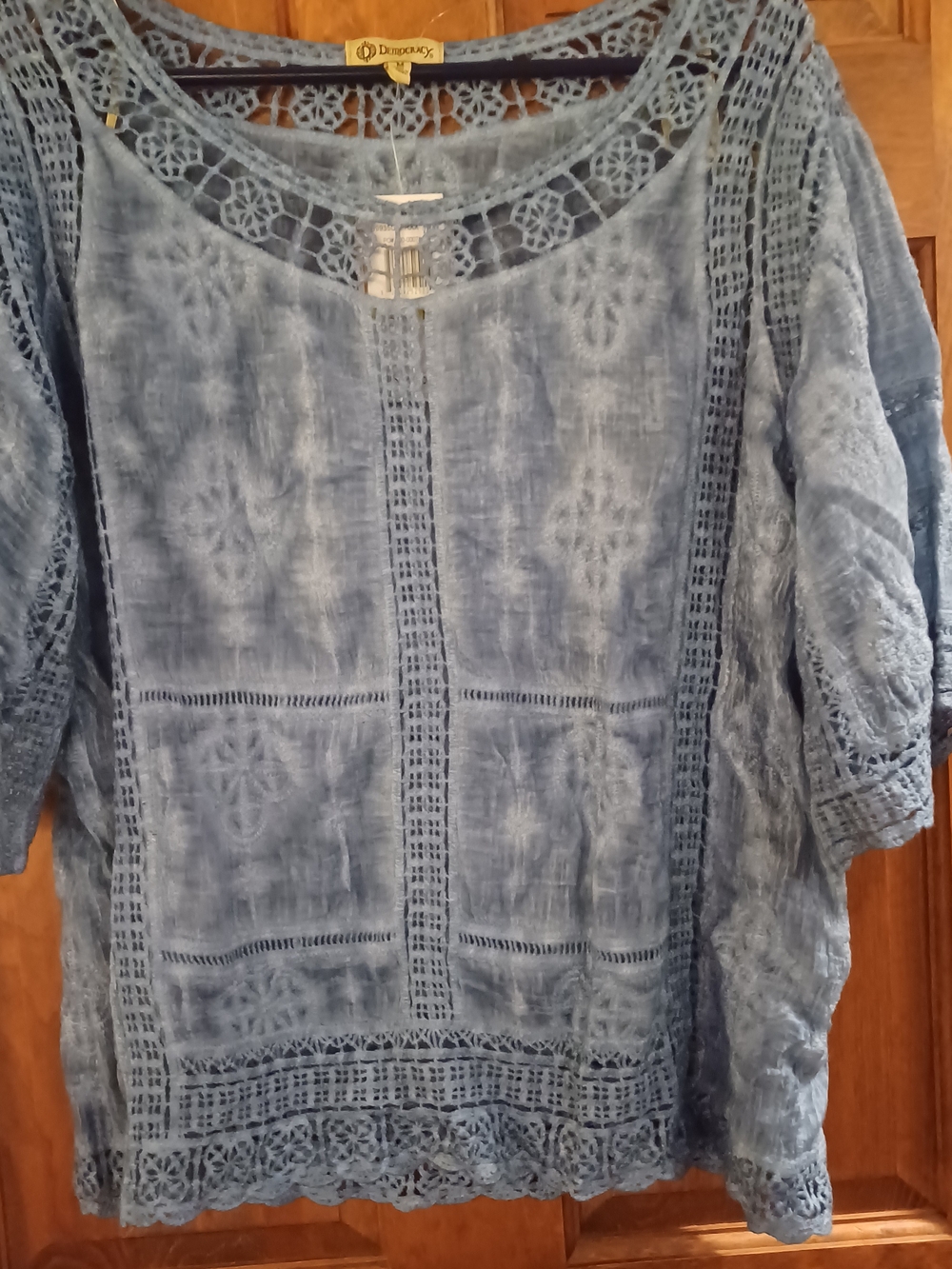 Democracy Blue Crochet Lace Boho Blouse